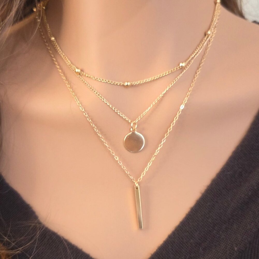 18K Gold‑Filled 3‑Layer Disc & Bar Necklace Set